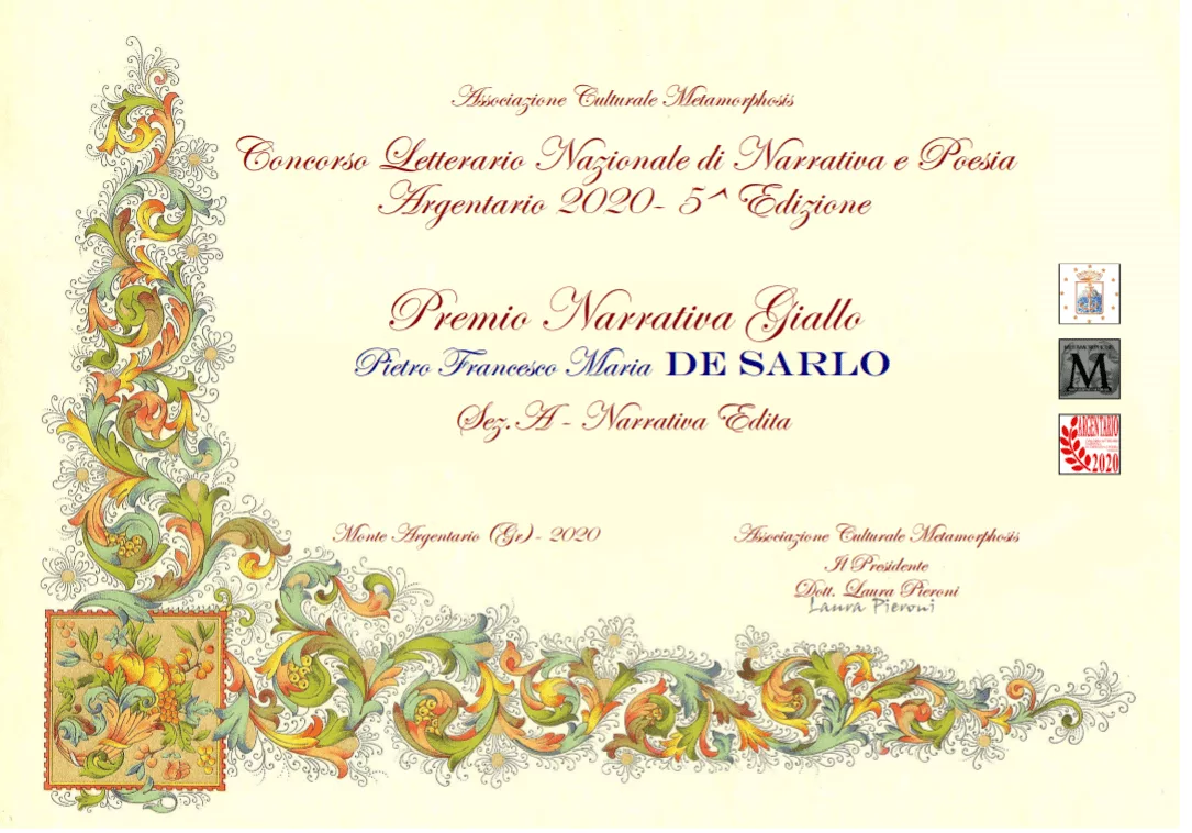 Premio Narrativa Giallo/Thriller del Concorso Letterario Nazionale Argentario 2020 a 