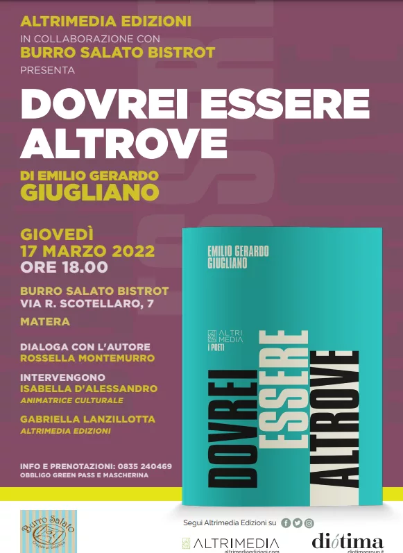 Giovedì 17 marzo a Matera da Burro Salato Bistrot presentazione della nuova raccolta di poesie di Emilio Gerardo Giugliano 