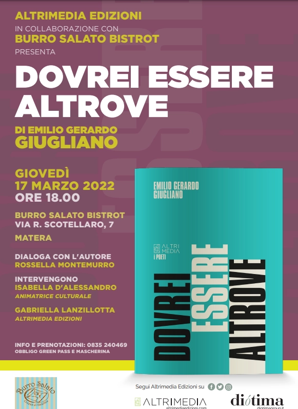 Giovedì 17 marzo a Matera da Burro Salato Bistrot presentazione della nuova raccolta di poesie di Emilio Gerardo Giugliano 