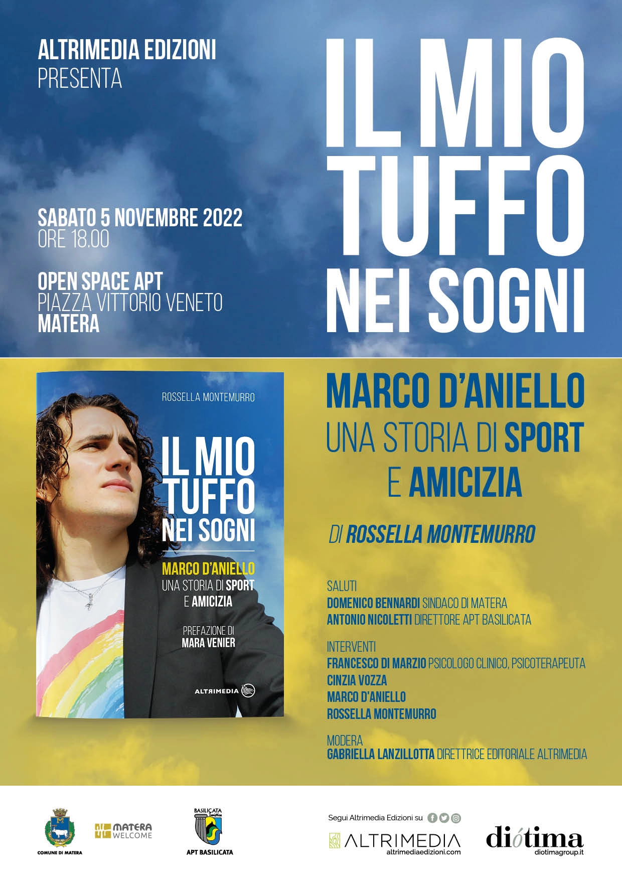 “Il mio tuffo nei sogni. Marco D’Aniello, una storia di sport e amicizia” di Rossella Montemurro: presentazione a Matera, Open Space APT, sabato 5 novembre